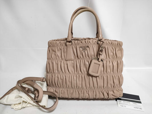 PRADA Nylon Prada Tesuto Gathered 2-Way Handbag Beige B2587L Handbag