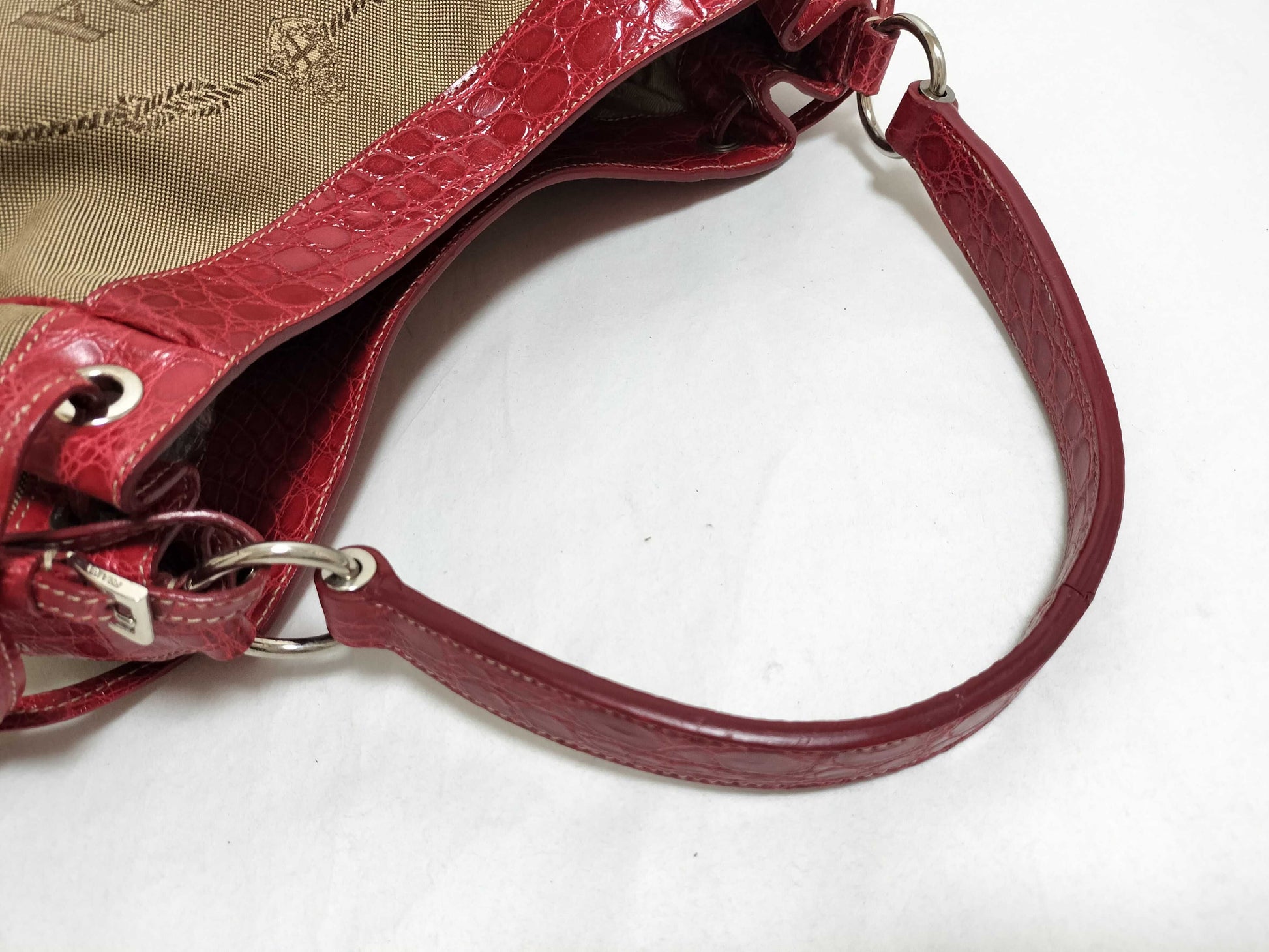 PRADA Prada Logo Jacquard Canvas x Leather Handbag Beige x Red Handbag