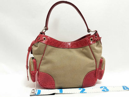 PRADA Prada Logo Jacquard Canvas x Leather Handbag Beige x Red Handbag
