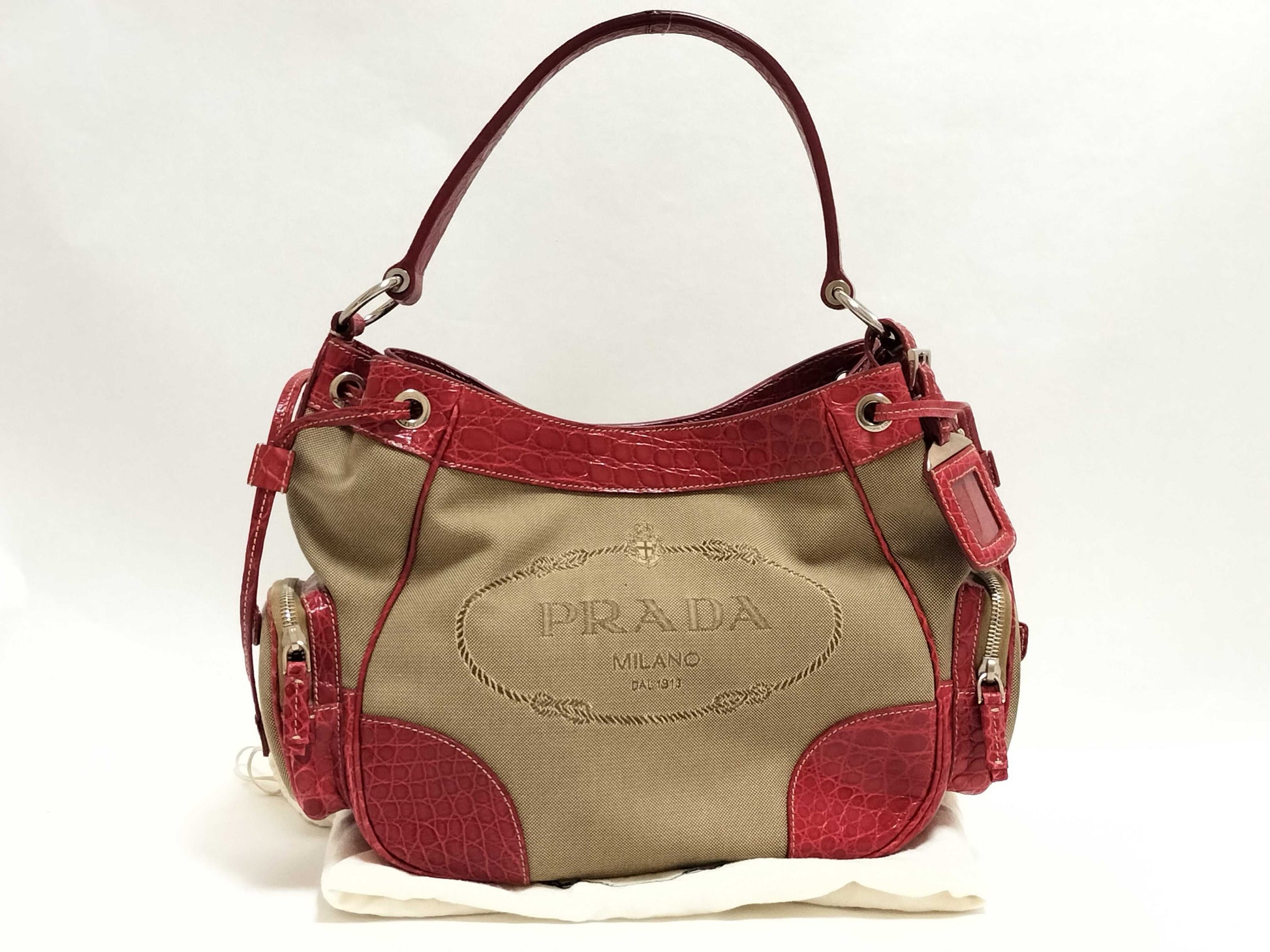 PRADA Prada Logo Jacquard Canvas x Leather Handbag Beige x Red Handbag