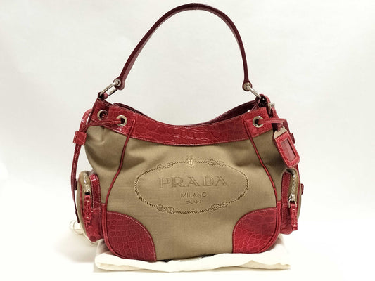 PRADA Prada Logo Jacquard Canvas x Leather Handbag Beige x Red Handbag