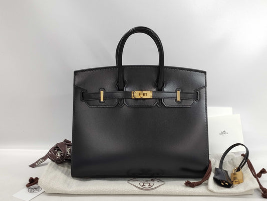 HERMES Birkin Serie 25 Box Calf U-stamped Black Handbag