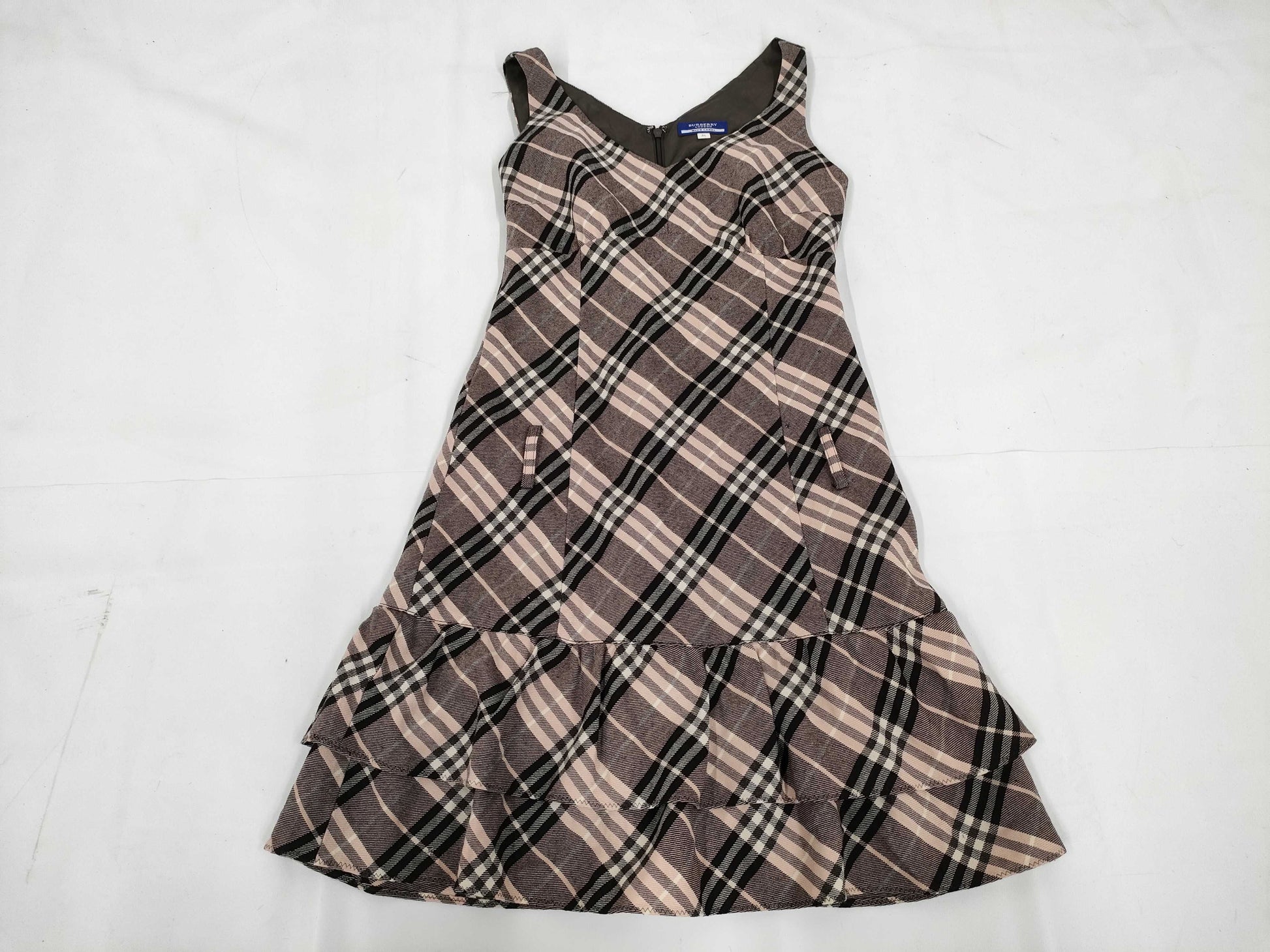 BURBERRY Blue Label Mini Dress, Ruffle Check, Pink, Wool, Size 36, BURBERRY BLUE LABEL Dress