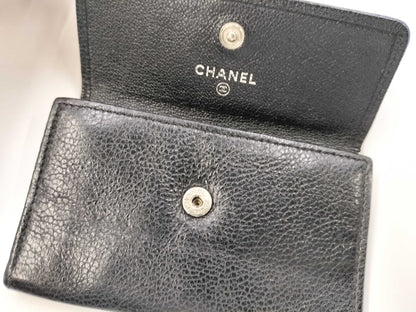 CHANEL Coco Mark Card Case with Metal Key Ring, Black Leather Coin Case