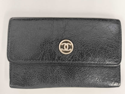 CHANEL Coco Mark Card Case with Metal Key Ring, Black Leather Coin Case
