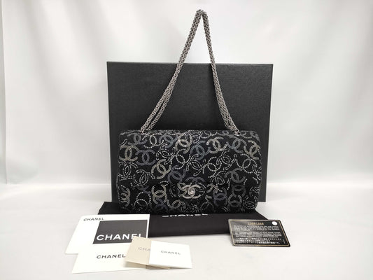 CHANEL Double Flap Coco Mark Rhinestone Tweed Black SS Shoulder Bag