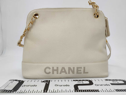 CHANEL Caviar Logo White Shoulder Bag