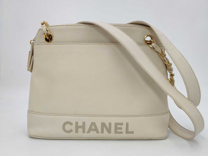 CHANEL Caviar Logo White Shoulder Bag