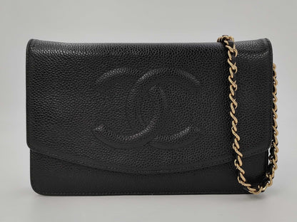 CHANEL Chain Wallet Caviar Skin Black Shoulder Bag