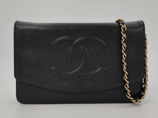 CHANEL Chain Wallet Caviar Skin Black Shoulder Bag