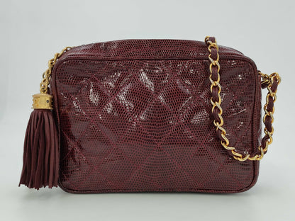 CHANEL Tassel Matelasse Chain Lizard Red Shoulder Bag