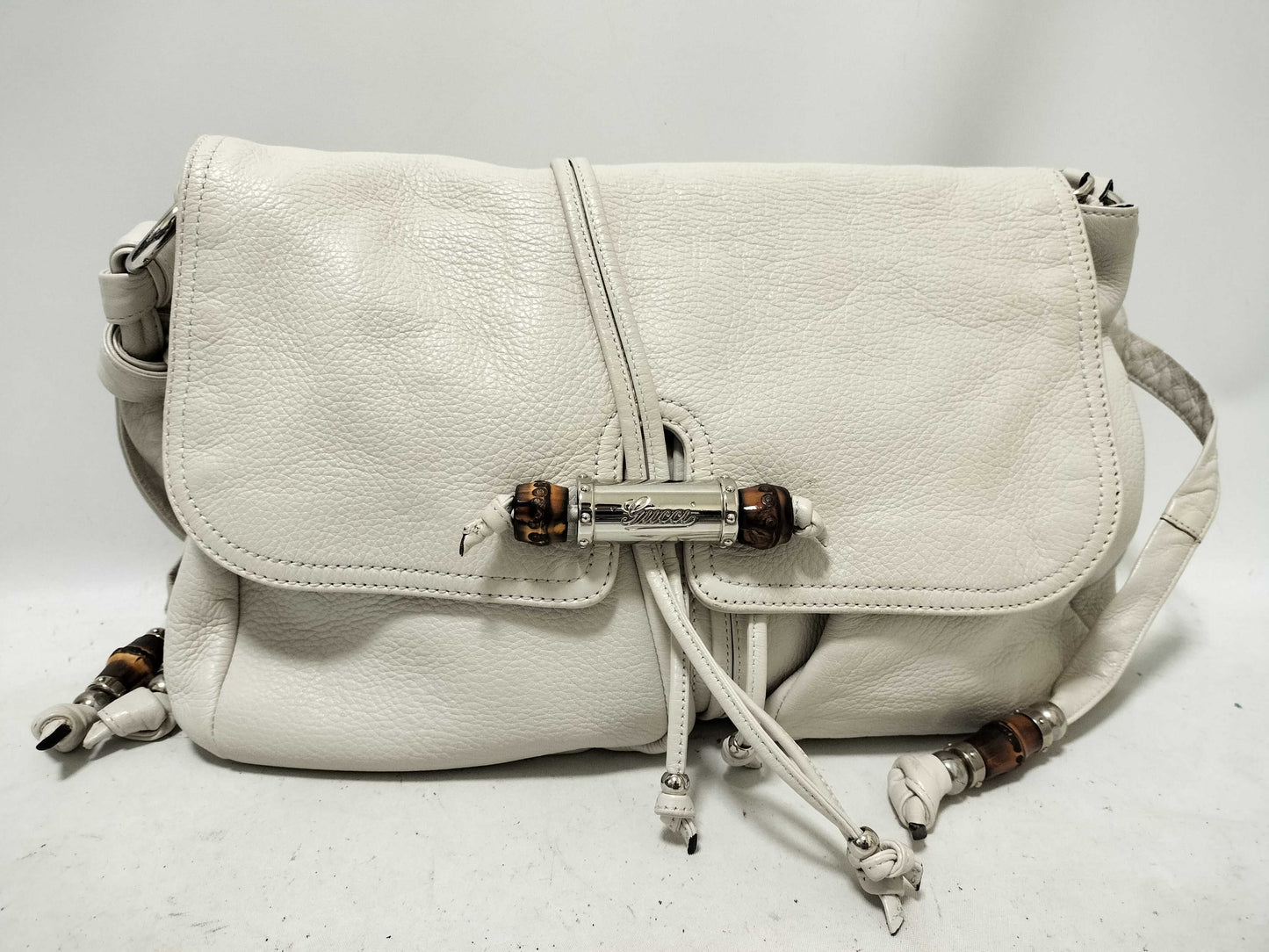 GUCCI Bamboo Leather Double Pocket Shoulder Bag Messenger Bag White 232938 Shoulder Bag