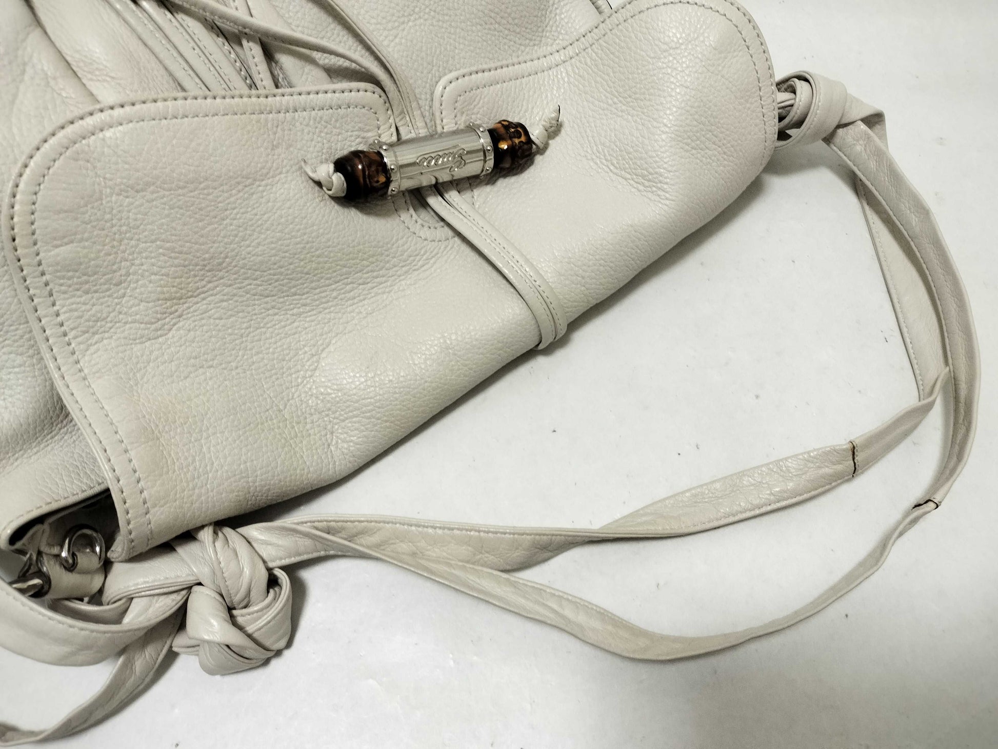 GUCCI Bamboo Leather Double Pocket Shoulder Bag Messenger Bag White 232938 Shoulder Bag