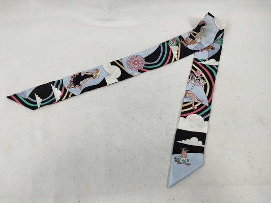 HERMES Twiley Hermes Twely Flying Boyfriend Silk Scarf Light Blue x Black Other Accessories