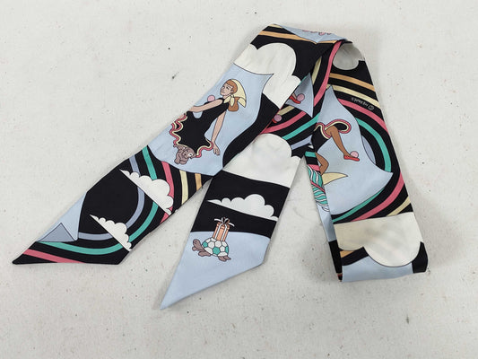 HERMES Twiley Hermes Twely Flying Boyfriend Silk Scarf Light Blue x Black Other Accessories