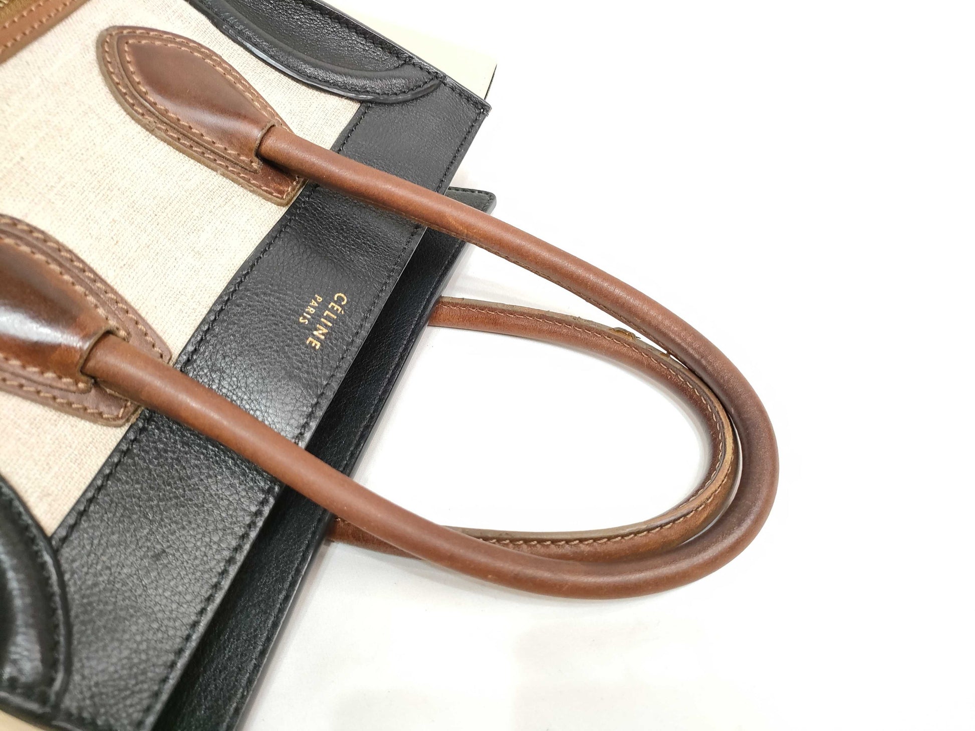 CELINE Leather x Canvas Handbag Brown Handbag