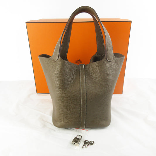 HERMES Picotin Lock MM 22 Etoupe Taurillon Clemence Leather Handbag with Silver Hardware and U Stamp