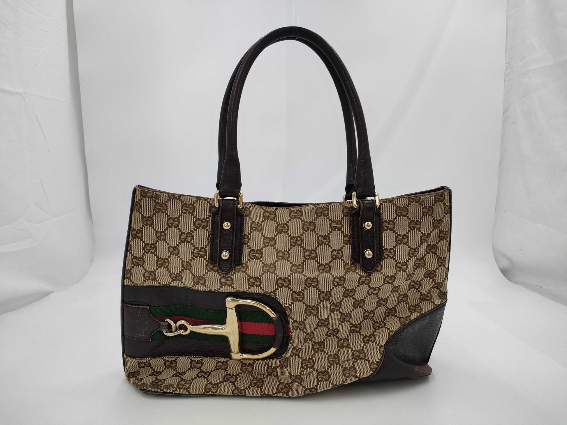 GUCCI 137385 GG Canvas Sherry Line Horsebit Handbag