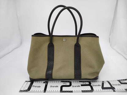 HERMES Garden Party PM Khaki Canvas T-Engraved Handbag