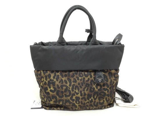 PRADA Nylon [PRADA] Reversible Tote Bag B4521V 2WAY Shoulder Handbag Nylon Black/Khaki/Leopard Print/Leopard Tote Bag