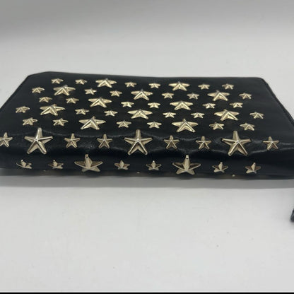 JIMMY CHOO Leather Studded Round Zip Leather Black Wallet