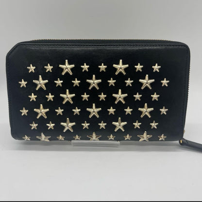JIMMY CHOO Leather Studded Round Zip Leather Black Wallet