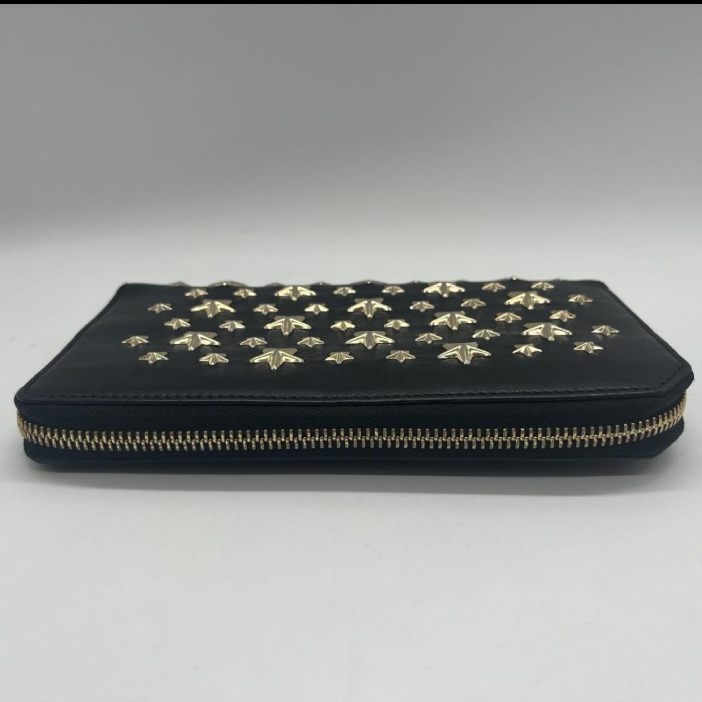 JIMMY CHOO Leather Studded Round Zip Leather Black Wallet
