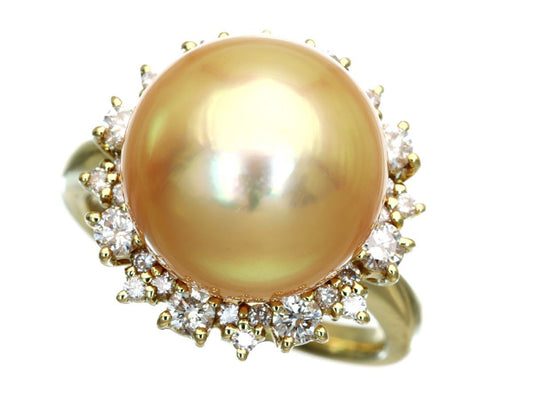 South Sea Golden Pearl Diameter Approx. 13.2mm D0.69ct K18 8.9g Ring 