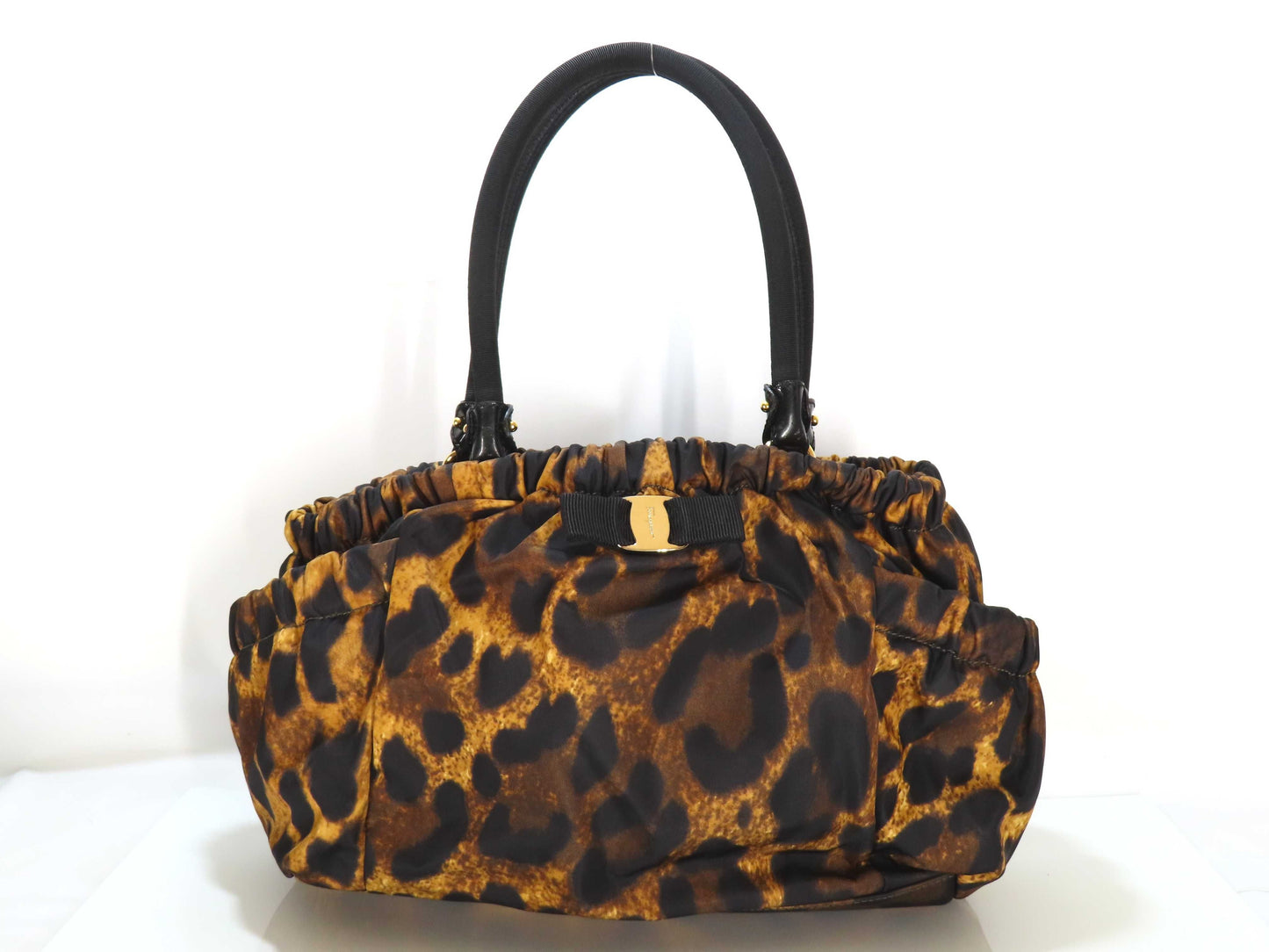 Salvatore Ferragamo Vara Handbag in Leopard Print/Nylon/Black and Brown