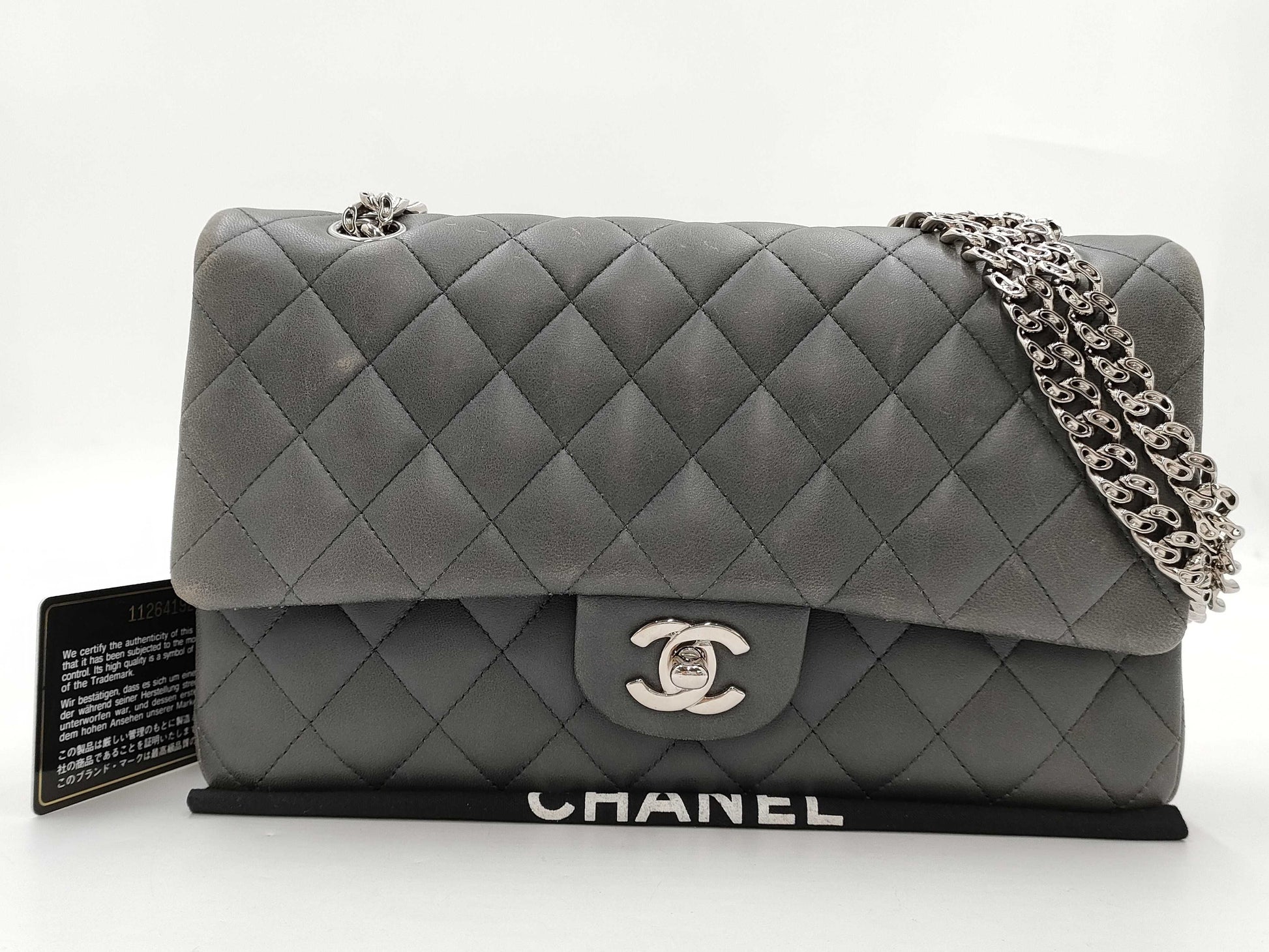 CHANEL Matelasse 25 Double Flap Lambskin Shoulder Bag in Lambskin, Gray, Silver, No. 11