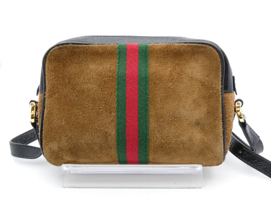 GUCCI Sherry GG Suede and Leather Shoulder Bag