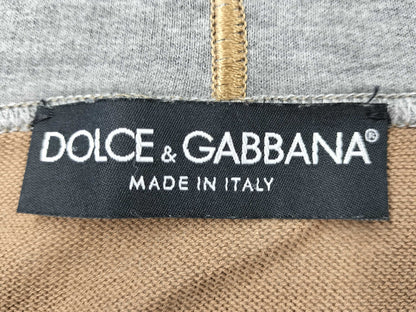 DOLCE&GABBANA Hoodie with Logo Plate, Cotton and Rayon, Gray and Brown, Silver Hardware, Size 38, Tops