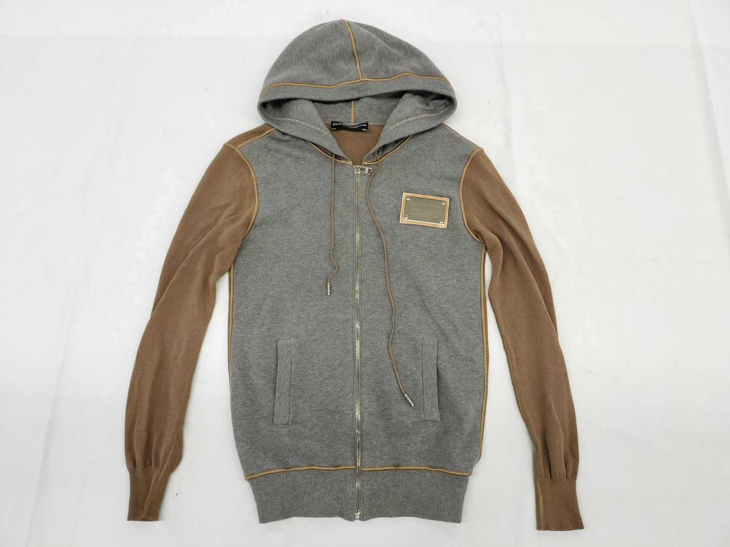 DOLCE&GABBANA Hoodie with Logo Plate, Cotton and Rayon, Gray and Brown, Silver Hardware, Size 38, Tops