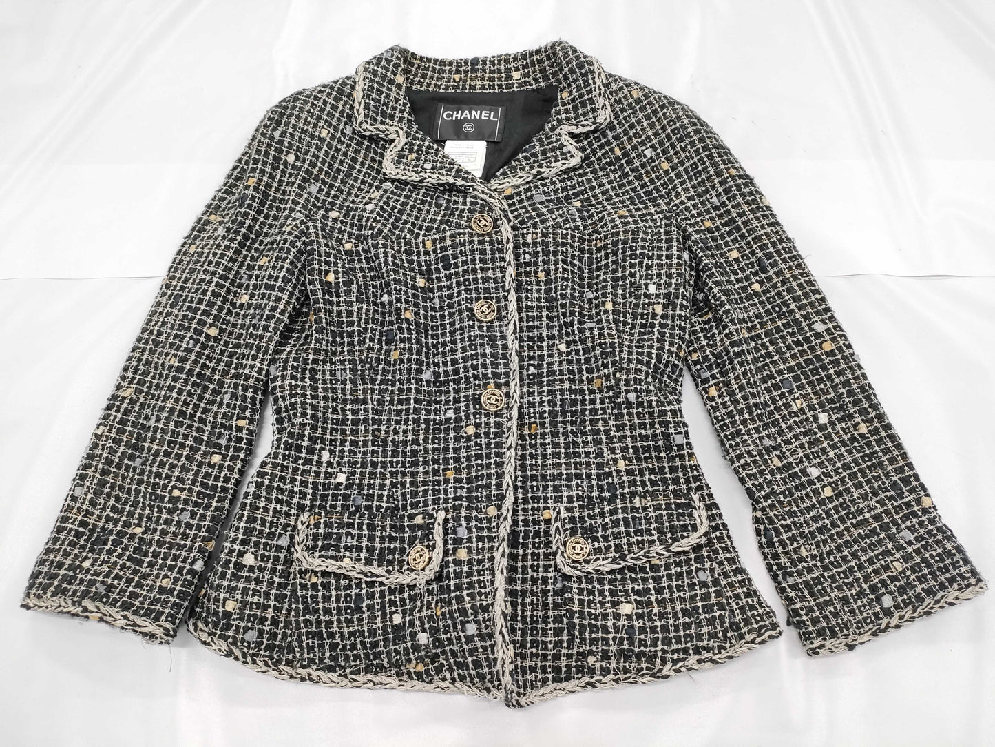 CHANEL Tweed Jacket, Black and White, Size 36