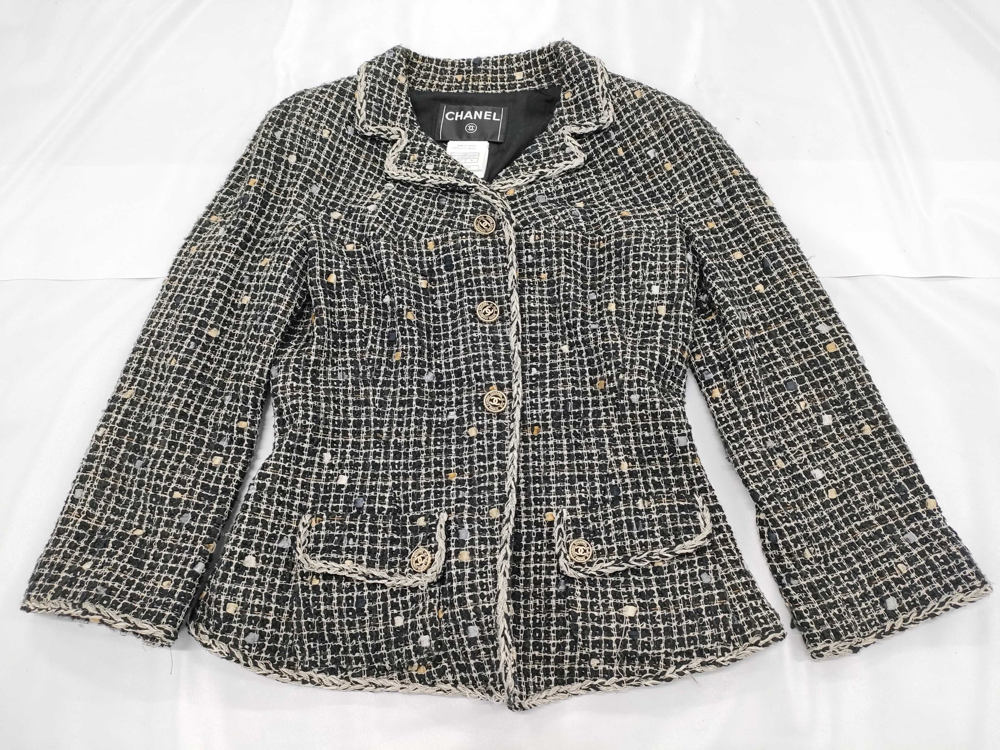 CHANEL Tweed Jacket, Black and White, Size 36
