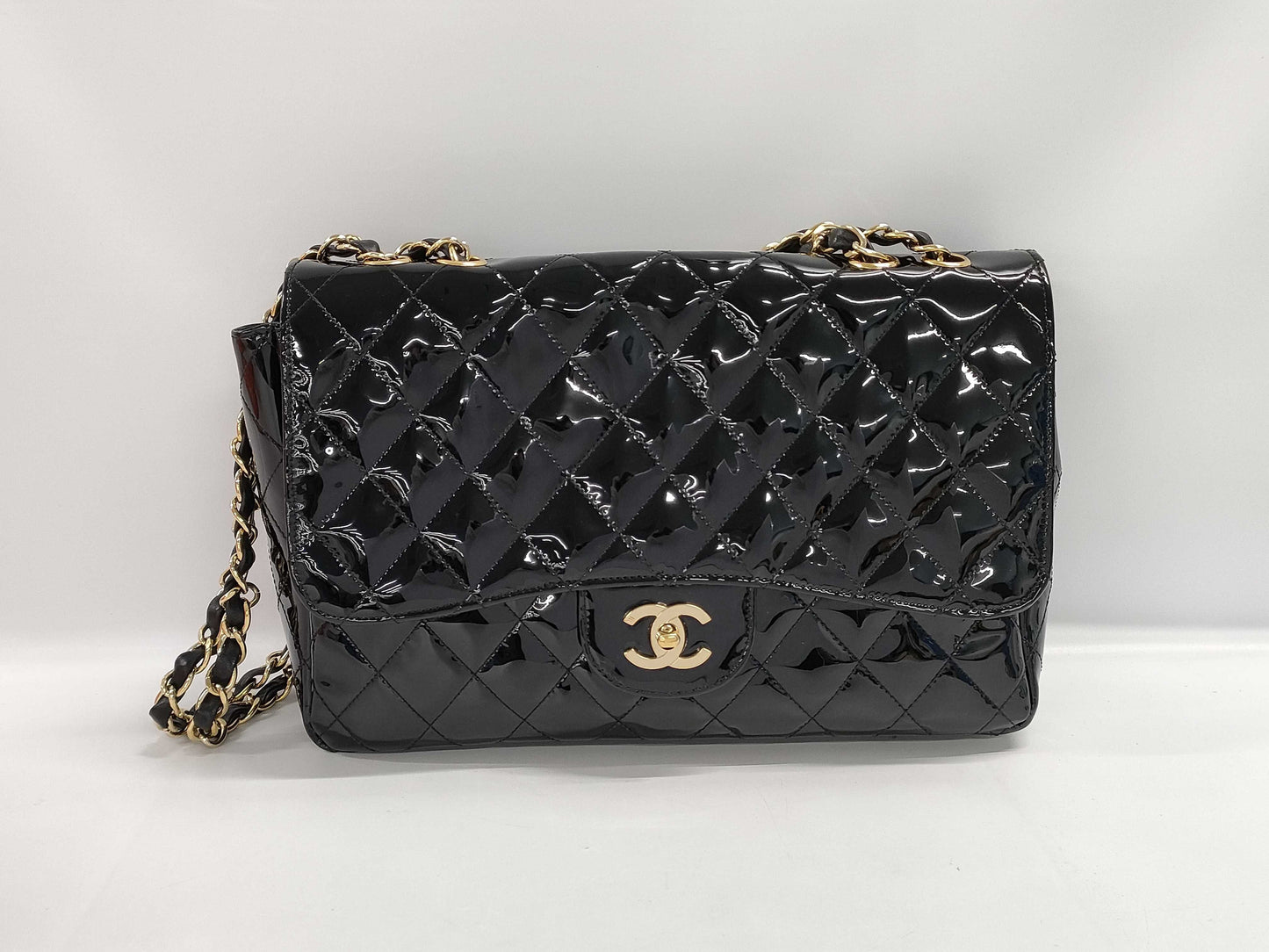 CHANEL Patent Deca Matelasse SW Chain Shoulder Bag, Size 12, GD Hardware, Black