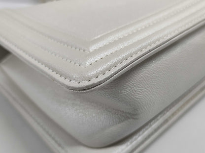 CHANEL CHANEL Boy Shoulder Bag Metallic White Caviar Skin Shoulder Bag
