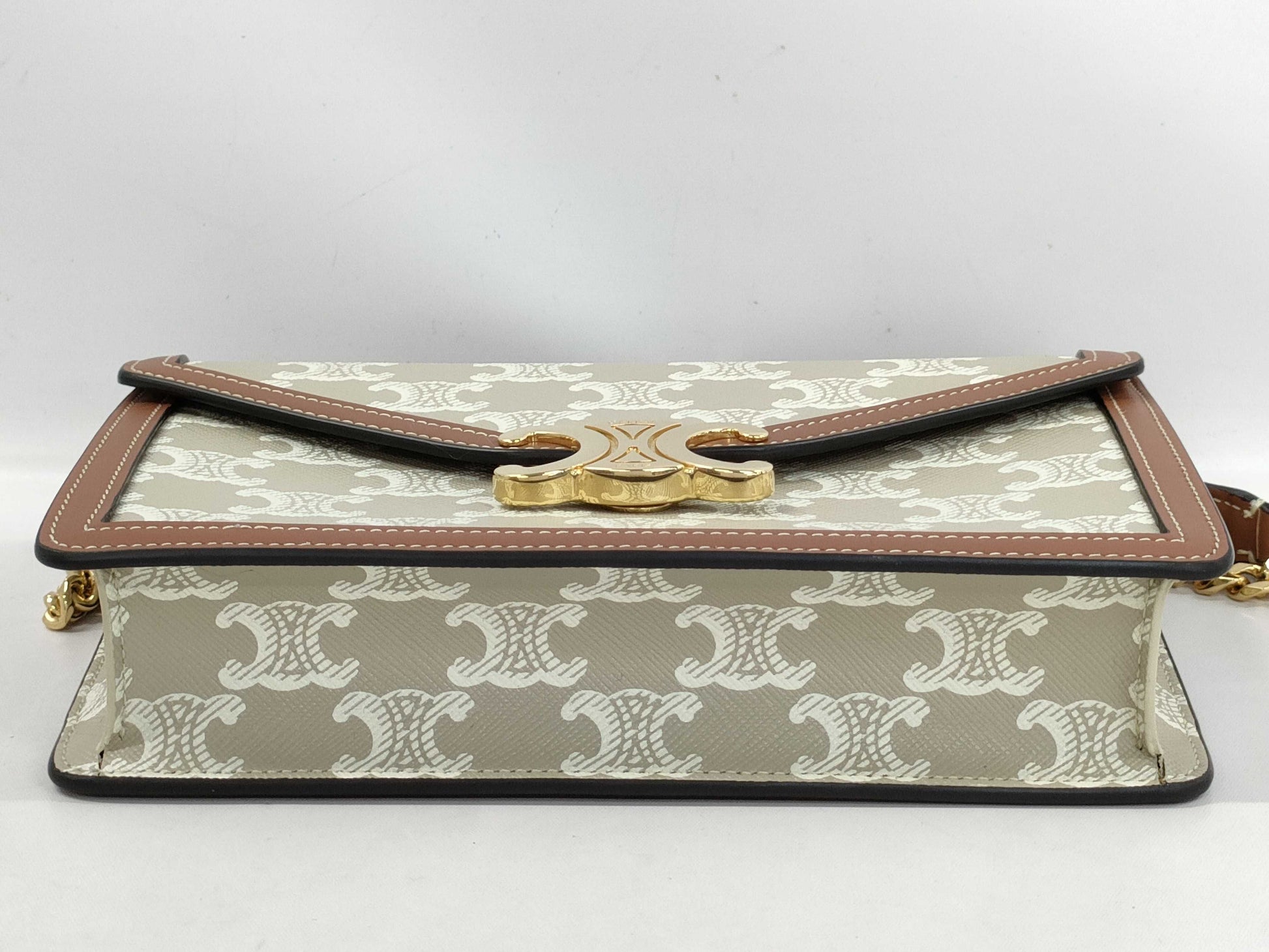 CELINE Triomphe Margot Chain Shoulder Bag, Brown x Beige. Accessories: Box, Dust Bag, Invoice, Shoulder Bag.