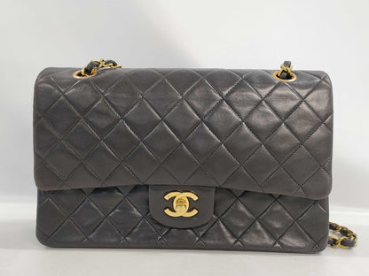 CHANEL Matelasse 25 Double Flap Double Chain Shoulder Bag in Black Lambskin