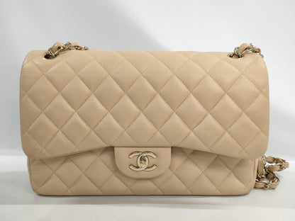 CHANEL Deca Matelasse 30 Shoulder Bag, Double Flap, Caviar Leather, Beige