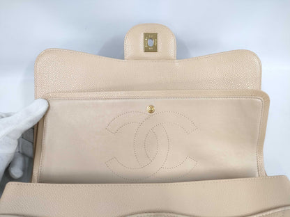 CHANEL Caviar Skin Double Flap Deca Matelasse Beige Shoulder Bag