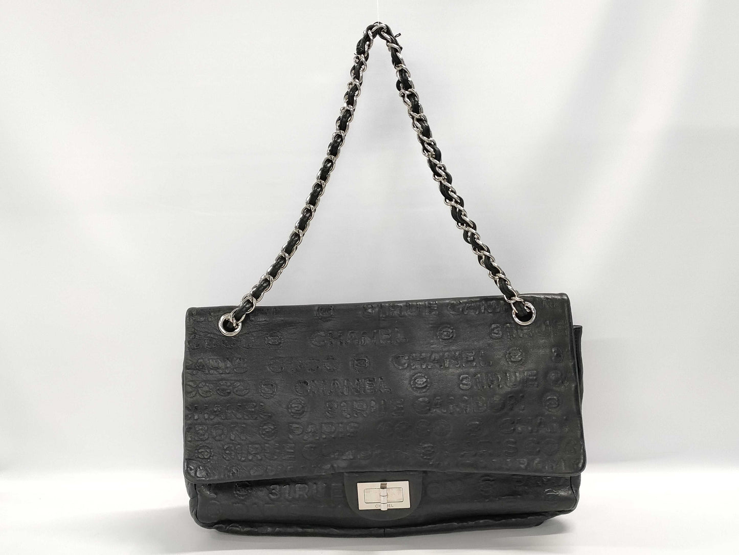 CHANEL Chain Shoulder Bag 2.55 Unlimited Black Lambskin with Silver Hardware, Size 12