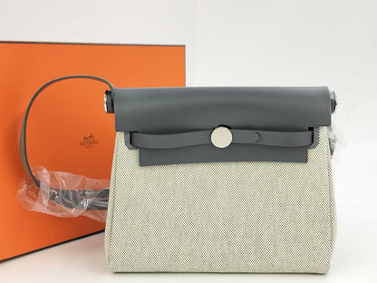 HERMES Airbag Zip Mini Toile Militaire Vache Hunter Ecru Ardoise Silver Hardware K Stamp Shoulder Bag