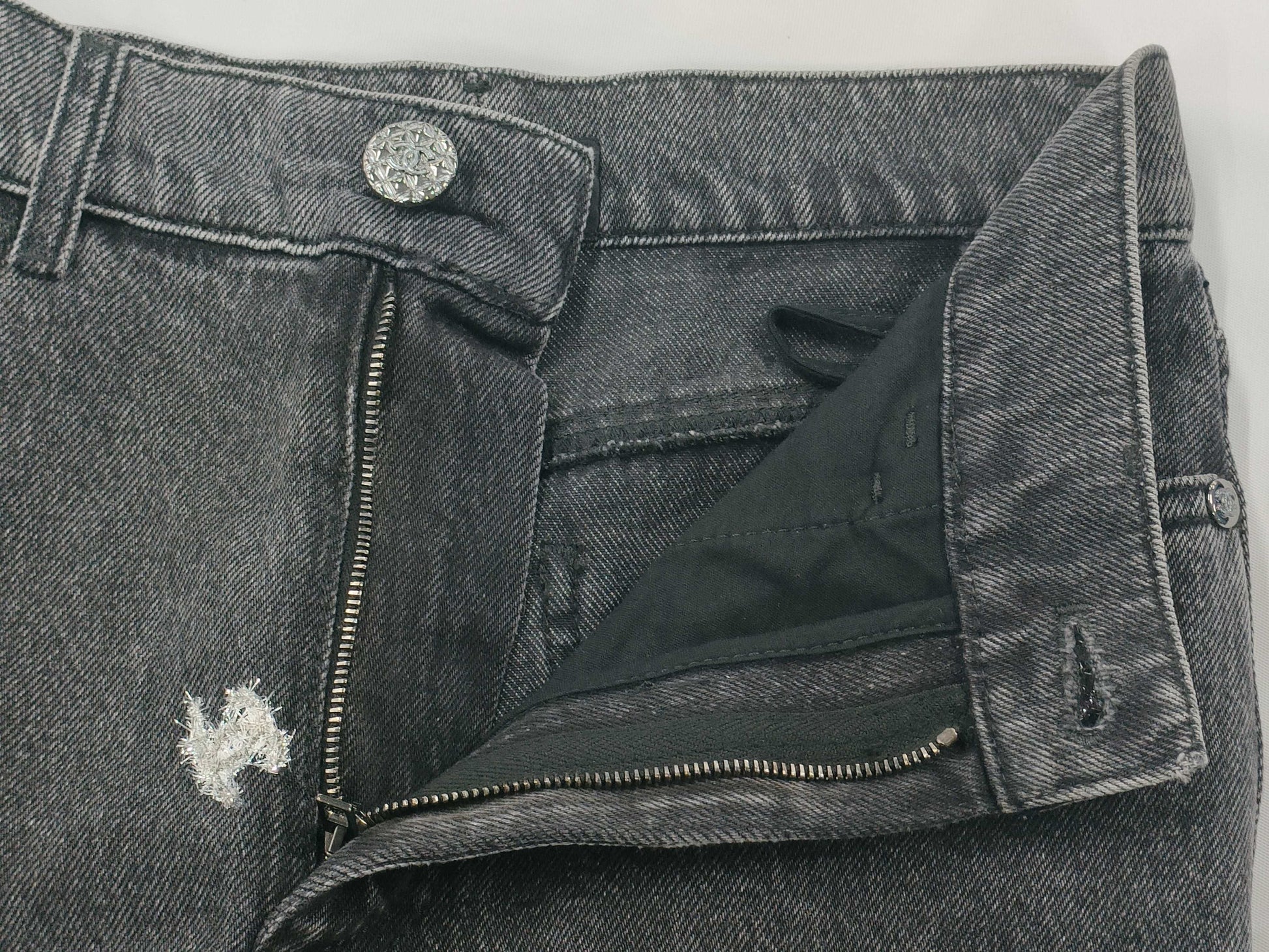 CHANEL Glitter Coco Mark Denim Pants, Size 34