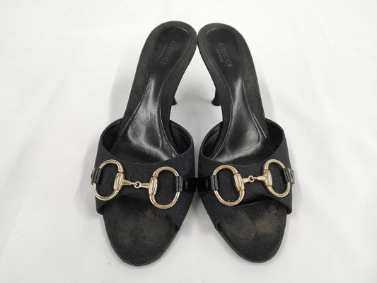 GUCCI Horsebit GG Canvas Open-Toe Sandals Size 36