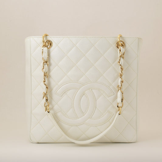 CHANEL Chain Tote Bag in Caviar Skin, White, with Sticker and Card