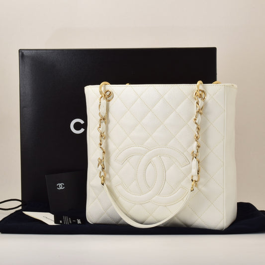 CHANEL Chain Tote Bag in Caviar Skin, White, with Sticker and Card