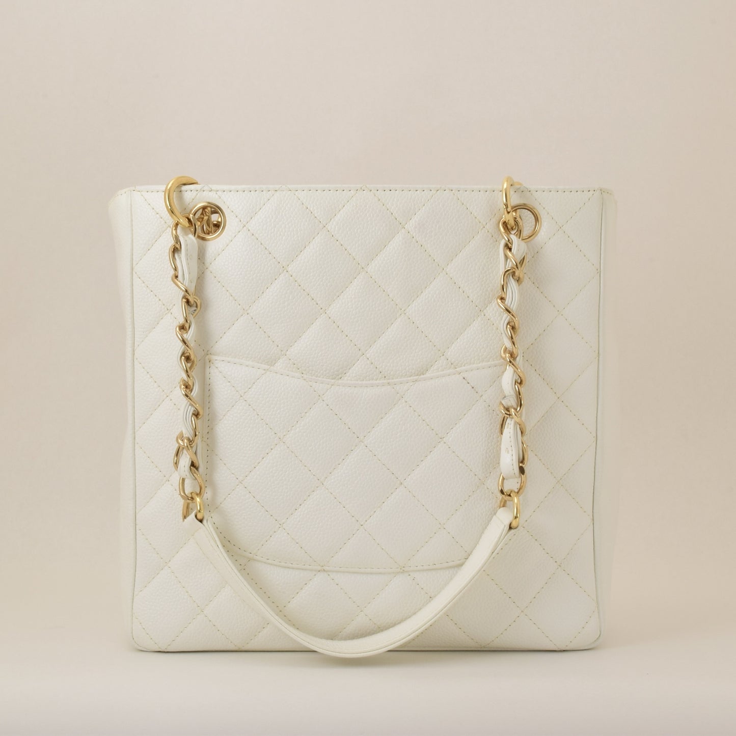 CHANEL Chain Tote Bag in Caviar Skin, White, with Sticker and Card