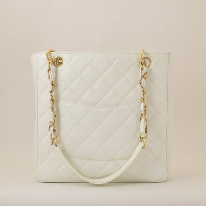 CHANEL Chain Tote Bag in Caviar Skin, White, with Sticker and Card