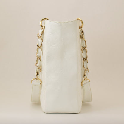 CHANEL Chain Tote Bag in Caviar Skin, White, with Sticker and Card